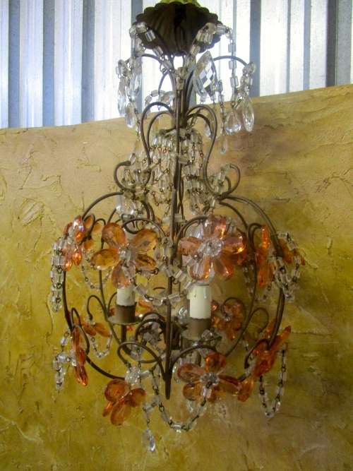 ANTIQUE FRENCH STYLE VINTAGE BRASS BASKET EMPIRE ROUND STYLE MIXURE OF CRYSTAL  & SYNTHETIC CHANDELI