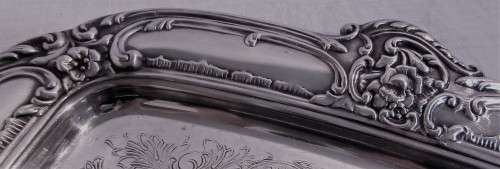 A Stylish Vintage rectangular silver plated tray. The base has ornate chased decoration and a raise