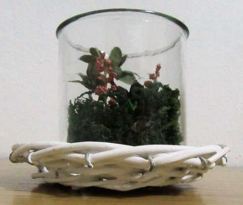 Three fantastic glass candle holders or flower pots in a stunning shabby chic weaved tray - bid p/e