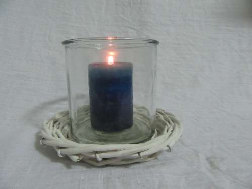 Three fantastic glass candle holders or flower pots in a stunning shabby chic weaved tray - bid p/e