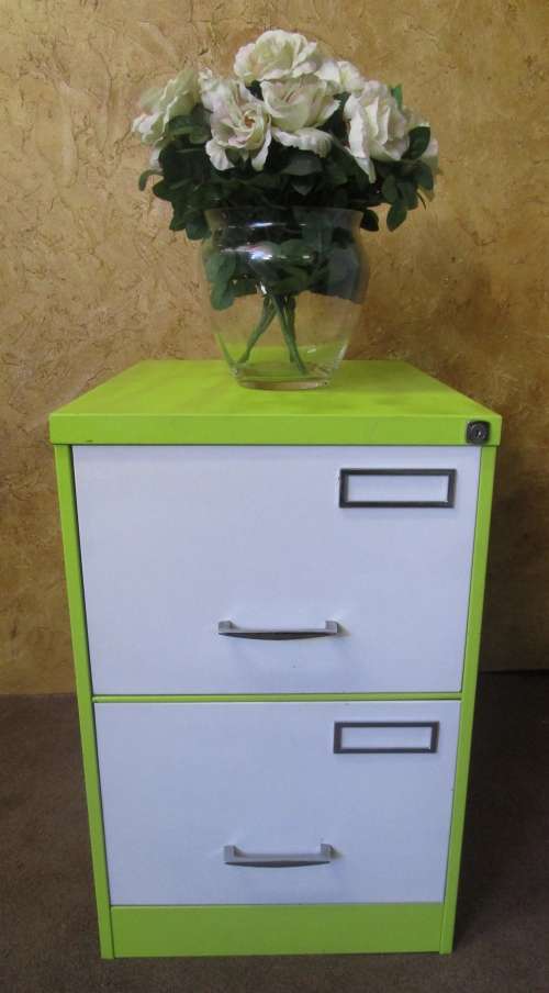 A BEAUTIFUL FUNKED UP TWO DRAWER METAL FILING CABINET - FROM DRAB TO FAB