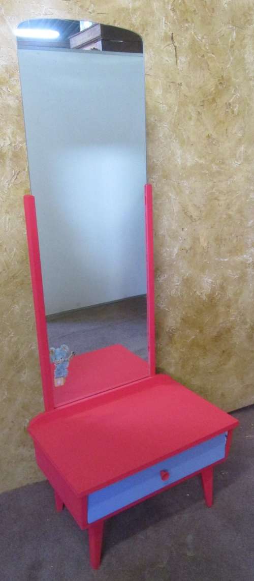 A MARVELOUS CHEVELLE MIRROR WITH A DRAWER UP CYCLED FROM DRAB TO FAB