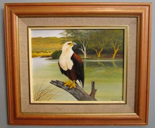 AN AMAZING SIGNED OIL ON BOARD STUNNING FISH EAGLE BY ROB CURWEN