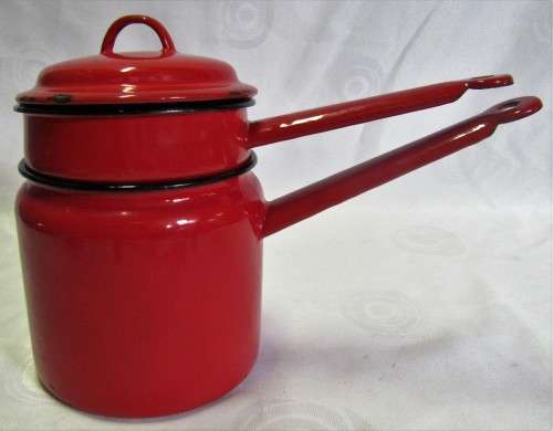 Enamelware Double Boiler Pan Red Graniteware Saucepan Pot Black Trim Rustic Mid Century Retro