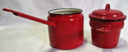 Enamelware Double Boiler Pan Red Graniteware Saucepan Pot Black Trim Rustic Mid Century Retro