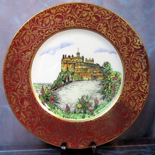 ACTUAL ETCHING OF EDINBURGH CASTLE SCOTLAND HAND PAINTD - JOHN MADDOCK & SONS VITREOUS