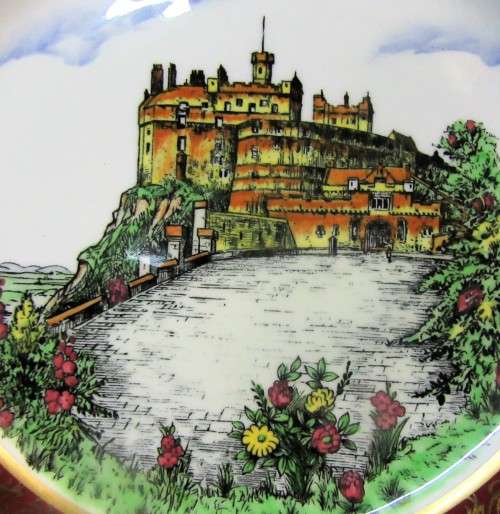 ACTUAL ETCHING OF EDINBURGH CASTLE SCOTLAND HAND PAINTD - JOHN MADDOCK & SONS VITREOUS