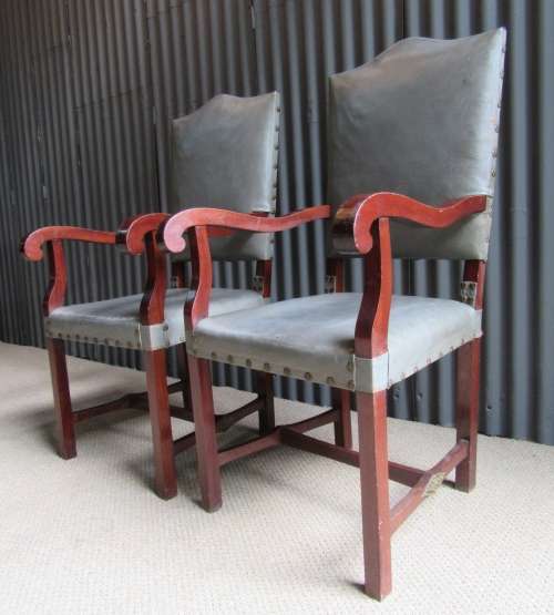 TWO AMAZING TURN OF THE CENTURY SOLID WOOD CARVER CHAIRS WITH BRASS DETAIL