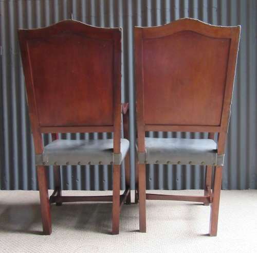 TWO AMAZING TURN OF THE CENTURY SOLID WOOD CARVER CHAIRS WITH BRASS DETAIL