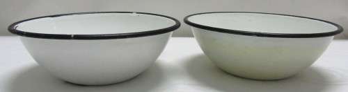 Pair of white enamel bowls
