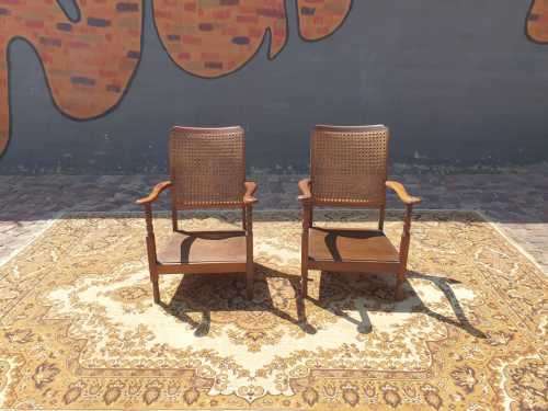 Pair of Kiddies Chairs with rattan back in sollid Imbuia