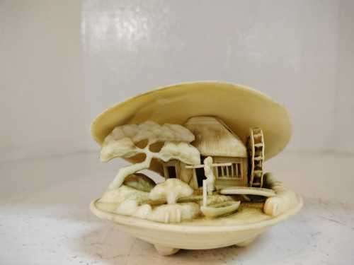Japanese celluloid clams shell diorama carved water wheel