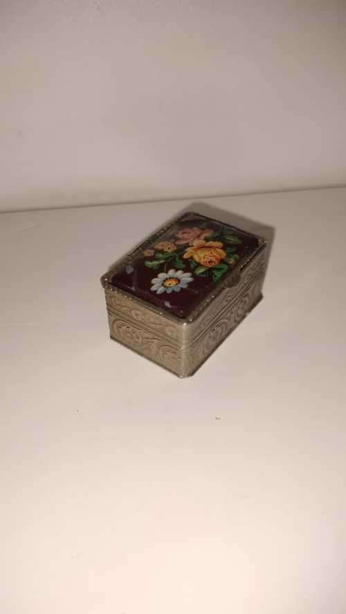 Vintage Micro Floral PILL BOX Made in Italy, Gold Tone, Trinket Box
