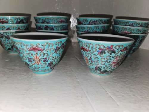 Chinese Wan Shou Longevity Pattern Turquoise Porcelain Serving Sauce Bowls