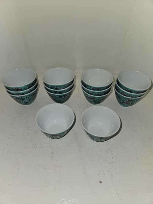 Chinese Wan Shou Longevity Pattern Turquoise Porcelain Serving Sauce Bowls