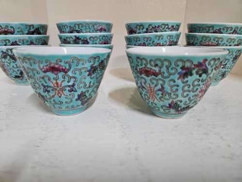 Chinese Wan Shou Longevity Pattern Turquoise Porcelain Serving Sauce Bowls