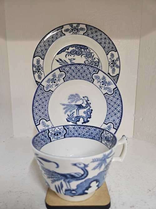 Antique Yuan blue and white china teacup and saucer & Side Plate set by Wood and Sons