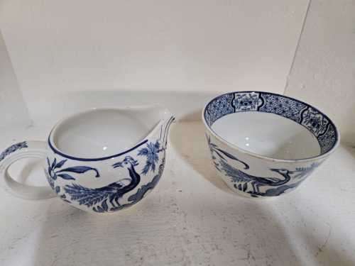 Antique Yuan blue and white china Creamer & Sugar bowl by Wood and Sons