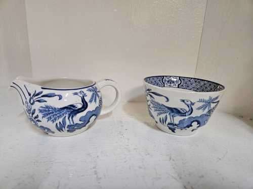 Antique Yuan blue and white china Creamer & Sugar bowl by Wood and Sons