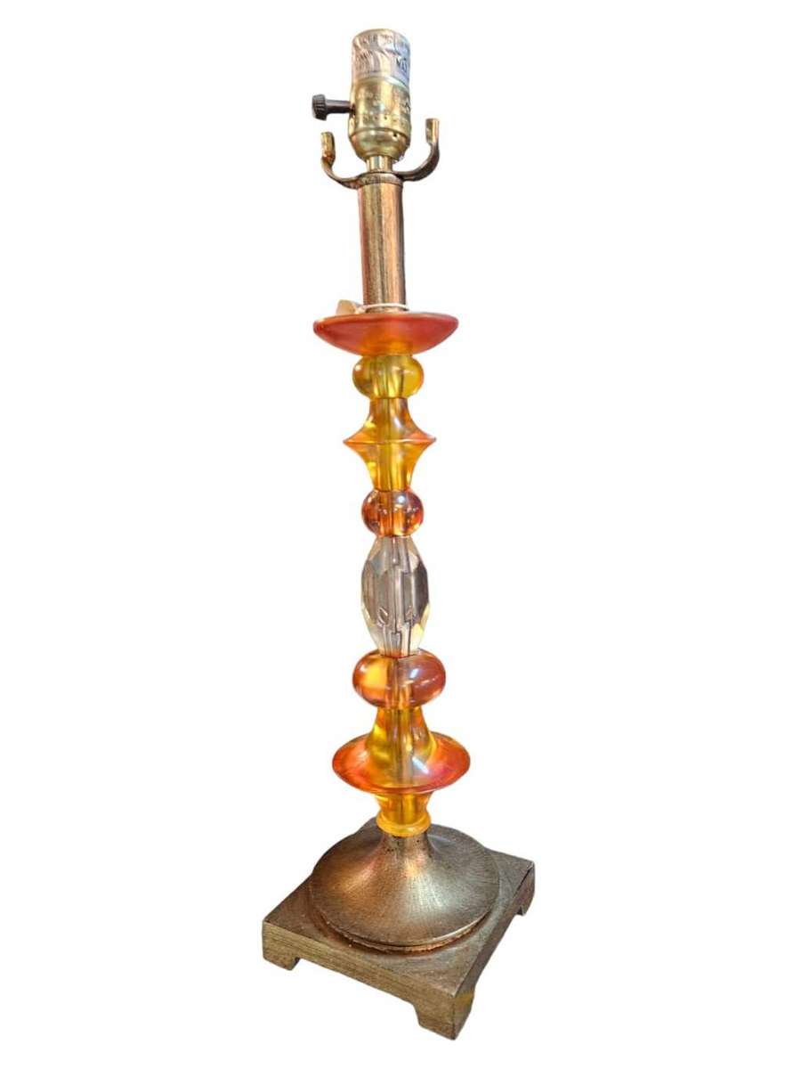 Tall Metal Lucite Lamp, featuring a beautiful Orange Amber Satin Lucite standing at 55cm