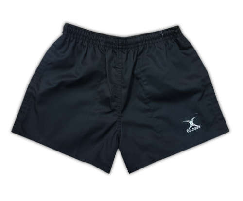GILBERT TAGGED BLACK RUGBY SHORTS (SIZE: 36)