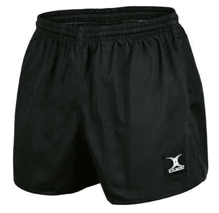 GILBERT TAGGED BLACK RUGBY SHORTS (SIZE: 36)