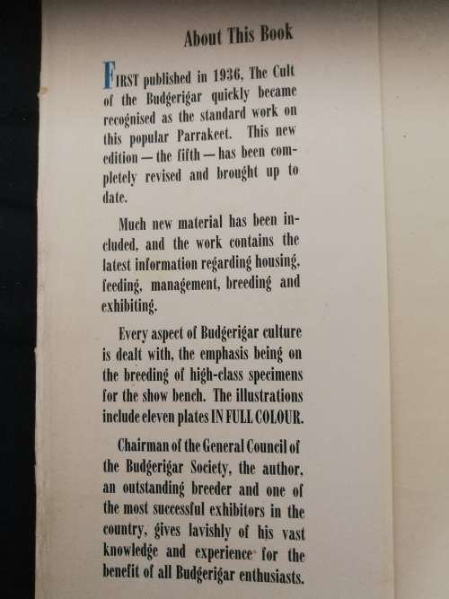 The CULT of the BUDGERIGAR  , W WATMOUGH PLUS ANOTHER Book  ( Budgies  Caged Birds