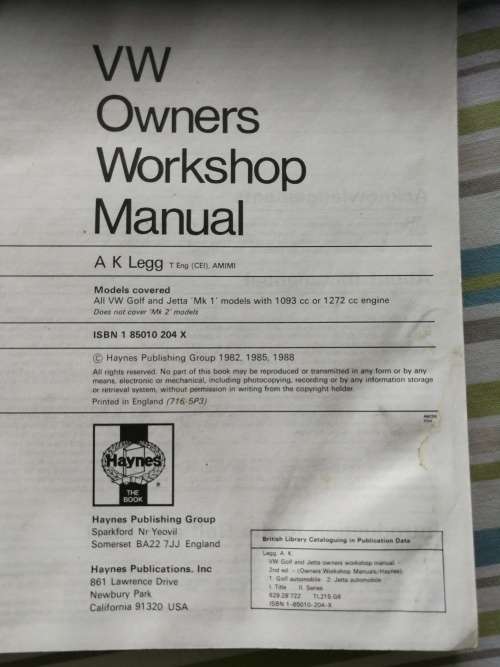 VW ( PETROL ) GOLF and JETTA 1974 to 1984 All Mk1 models 1093cc 1272cc Owners Workshop Manual HAYNES
