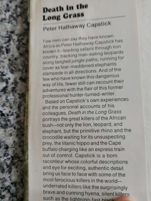 DEATH IN THE LONG GRASS PETER HATHAWAY CAPSTICK A big game hunter`s adventures in the African bush
