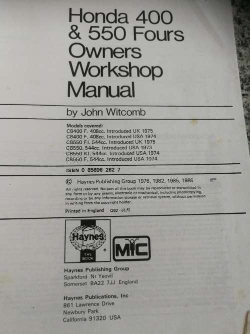 HONDA CB 400 & CB 550 FOURS MOTORCYCLE 1973 TO 1977 HAYNES OWNERS WORKSHOP MANUAL