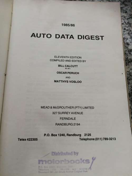 AUTO DATA DIGEST 85/86 11th Edition 1985  Mead & McGrouther ( Pty ) Limited