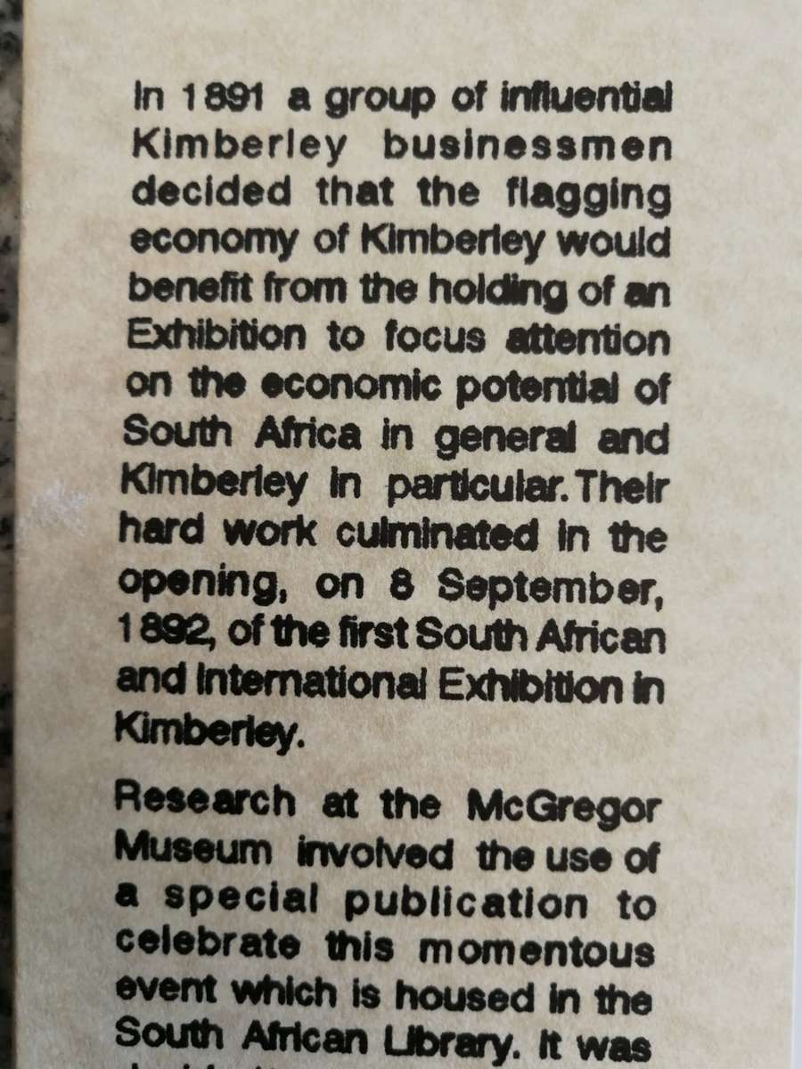 Reserved for Ronnie THE 1892 SOUTH AFRICAN & INTERNATIONAL EXHIBITION KIMBERLEY 1992