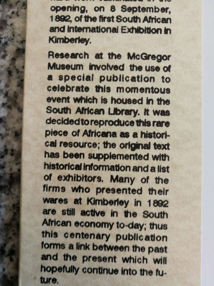 Reserved for Ronnie THE 1892 SOUTH AFRICAN & INTERNATIONAL EXHIBITION KIMBERLEY 1992