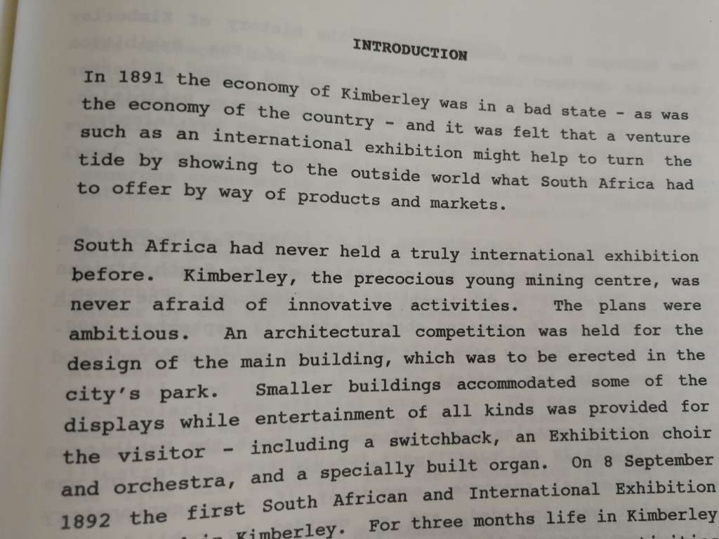 Reserved for Ronnie THE 1892 SOUTH AFRICAN & INTERNATIONAL EXHIBITION KIMBERLEY 1992