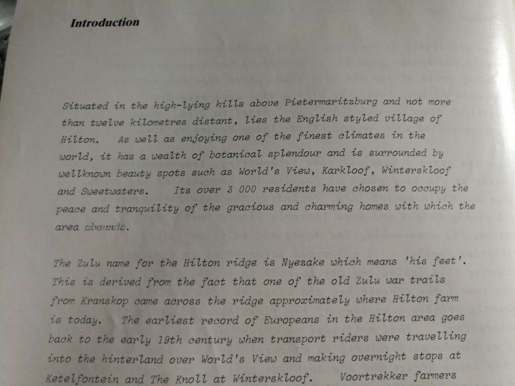 THE STORY OF HILTON ROAD VILLAGE J HOEPFI C LAKE M LAKE near Pietermaritzburg KZN Midlands history )