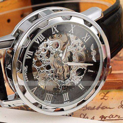 Awesome unusual Mens Silver Case Transparent Mechanical Skeleton Black Leather Band Watch