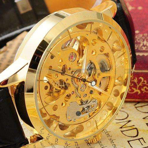 Awesome unusual Mens Silver Case Transparent Mechanical Skeleton Black Leather Band WatchLocal Stock