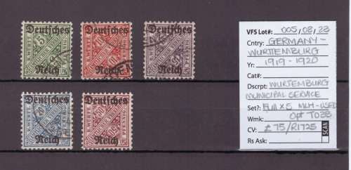 Germany - Wurttemburg Stamps, 1919-20, MLH, Opt T033, Full set 5,  CV: £75/R1725