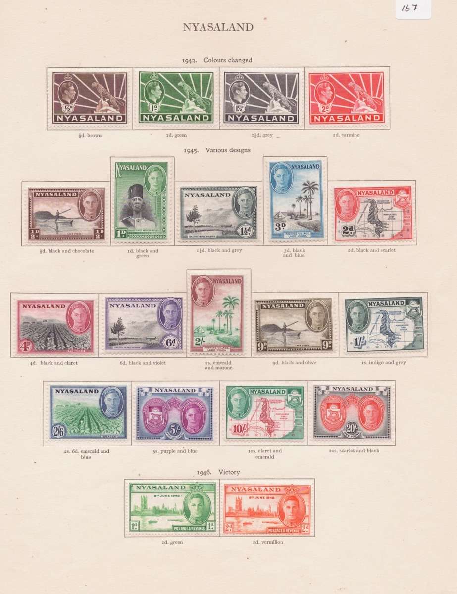 Nyasaland, Stamps on sheet, 1942-46, Various designs