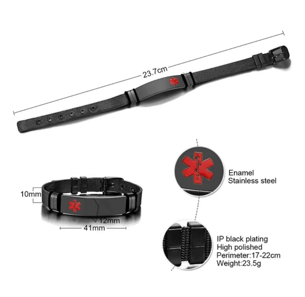 Black Medic Alert Bracelet - Stainless Steel (