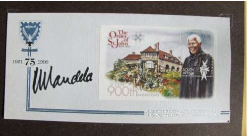 Mandela: St.John's Postcard with genuine silver printing signed by Nelson Mandela with coa