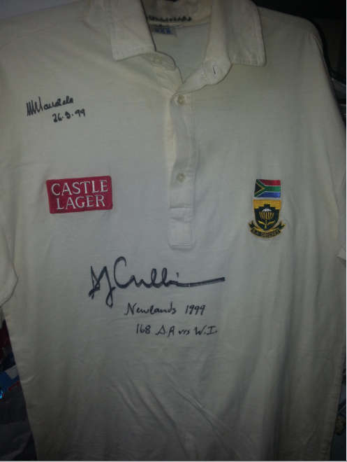 DARYLL CULLINAN MATCH WORN CRICKET JERSEY SIGNED BY NELSON MANDELA WITH COA