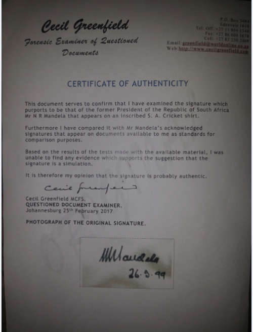 DARYLL CULLINAN MATCH WORN CRICKET JERSEY SIGNED BY NELSON MANDELA WITH COA