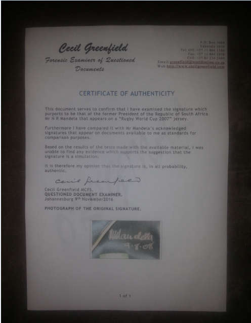 Rugby world Cup 2007 Jersey signed by squad and Nelson Mandela