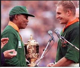 RUGBY World Cup 1995 jersey signed by Nelson Mandela and Francois Pienaar