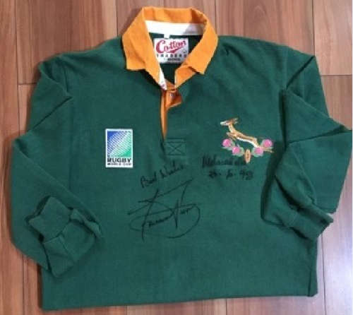 RUGBY World Cup 1995 jersey signed by Nelson Mandela and Francois Pienaar