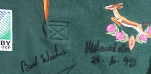 RUGBY World Cup 1995 jersey signed by Nelson Mandela and Francois Pienaar
