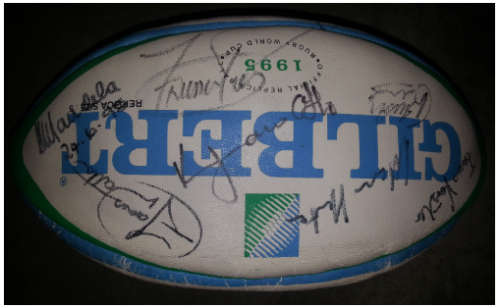 RUGY WORLD CUP 1995 BALL SIGNED BY SQUAD AND NELSON MANDELA