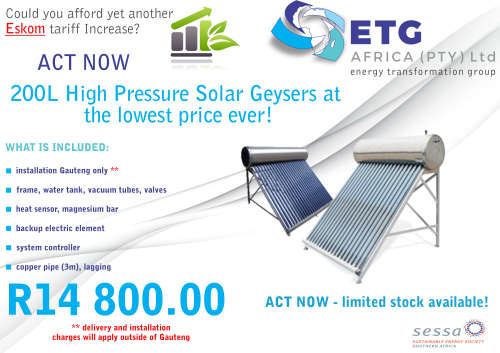 ETG 200L high pressure solar geyser FROM R13 000.00
