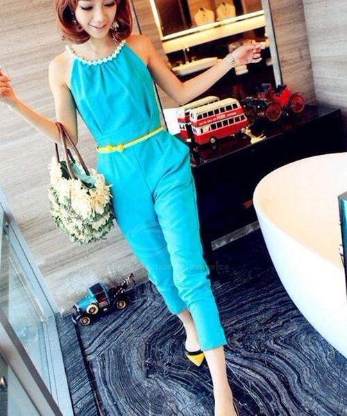 FREE SHIPPING- Stylish Pearl Halter Neck Sleeveless Solid Color Women's Jumpsuit Pants